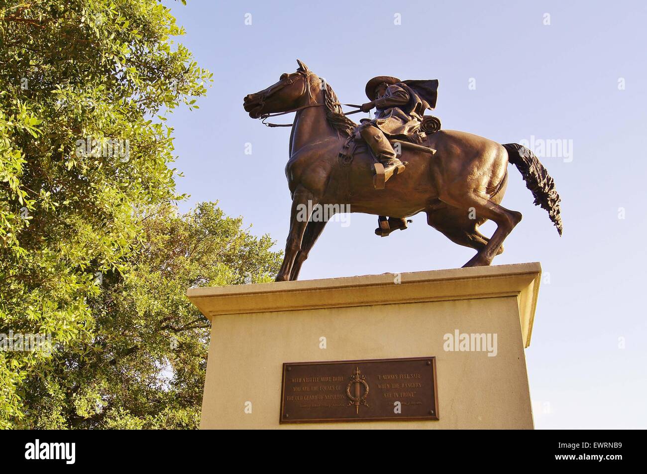 Austin, Texas, USA. 29th June, 2015. TERRY'S TEXAS RANGERS.Erected 1907 by surviving comrades.The bronze statue, by Pompeo Coppini, portrays one of Terry's Texas Rangers astride a spirited horse. In 1861, during the Civil War, Terry's Texas Rangers were mustered at Houston after Benjamin Terry and Thomas Lubbock's call for volunteers. Ten companies of 100 men each were formally activated as the 8th Texas Cavalry, and during the following five years participated in many engagements defending the Southern Confederacy. © Jeff Newman/Globe Photos/ZUMA Wire/Alamy Live News Stock Photo
