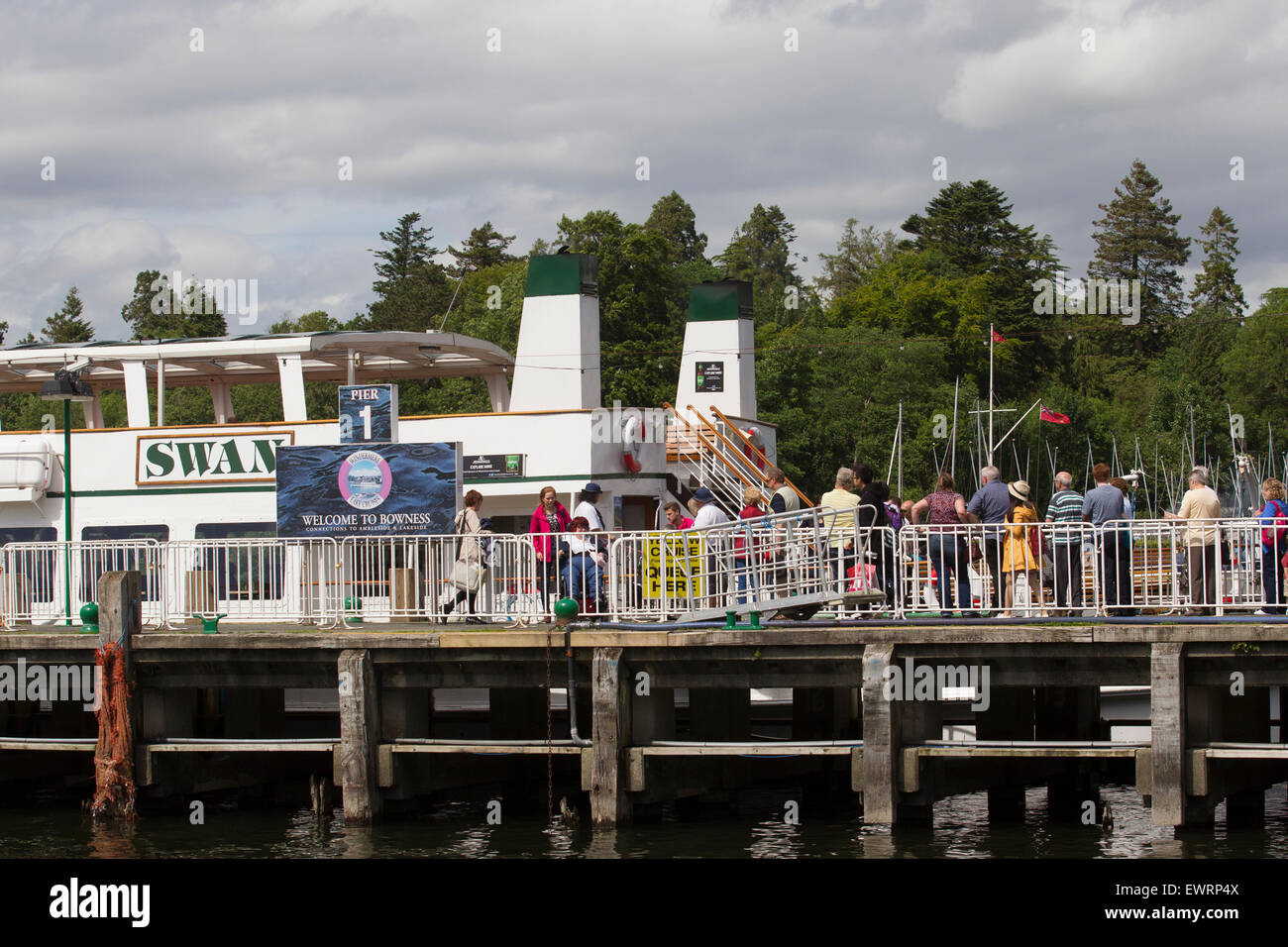 Windermere Lake Cruises flag & The Swan at Bowness Bay Pier Stock Photo Alamy