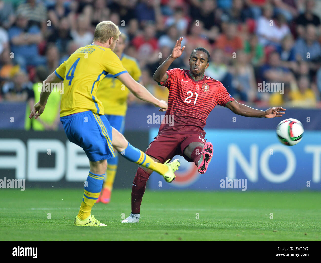Prague, Czech Republic. 30th June, 2015. Filip Helander of Sweden (left) and Ricardo of Portugal in action during the Euro U21 soccer championship final match Portugal vs Sweden in Prague, Czech Republic, June 30, 2015. © Katerina Sulova/CTK Photo/Alamy Live News Stock Photo