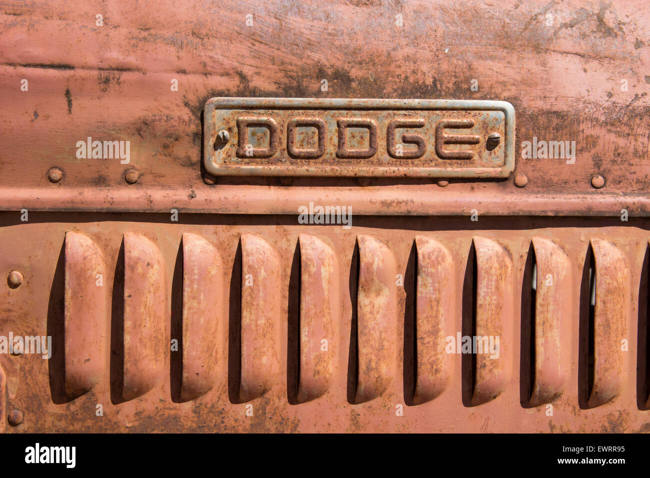 Australia, NT, Alice Springs. National Road Transport Hall of Fame. Old rusty vintage Dodge truck hood. Stock Photo