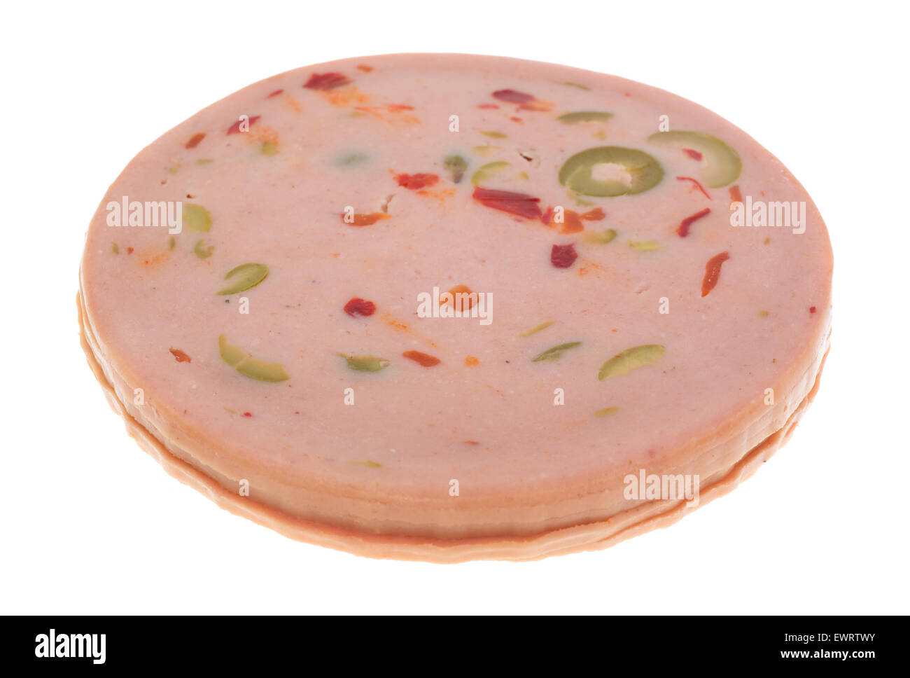 A small stack of olive loaf luncheon meat isolated on a white