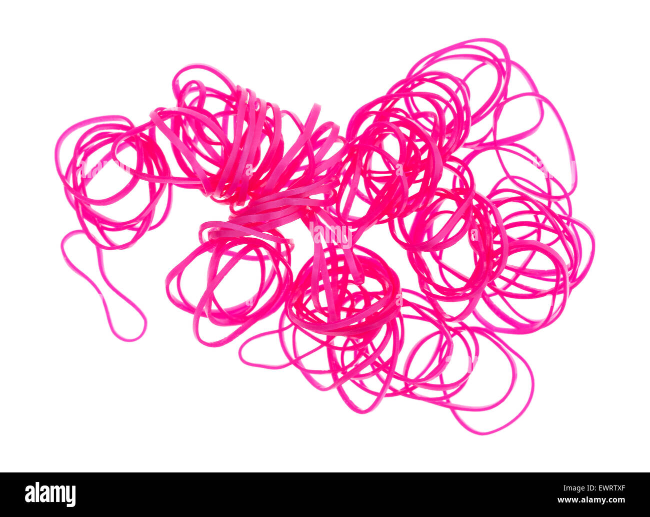 A group of small pink rubber bands used for hair ponytails on a white background. Stock Photo