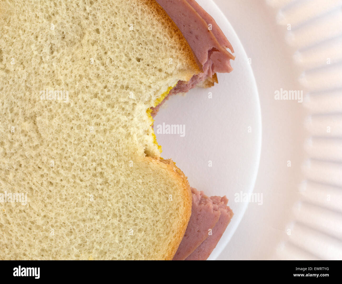 Top close view of a bitten bologna sandwich with mustard and white