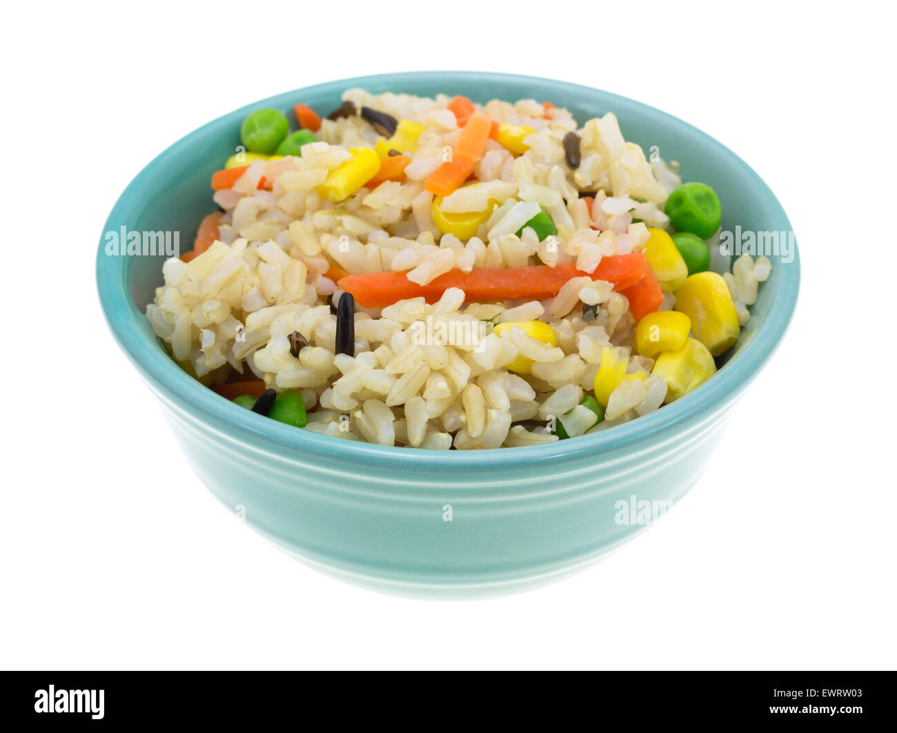 A small serving of brown and wild rice with peas, carrots and corn in a