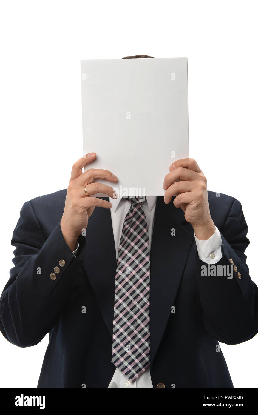 Businessman hiding behind blank poster isolated over white background Stock Photo