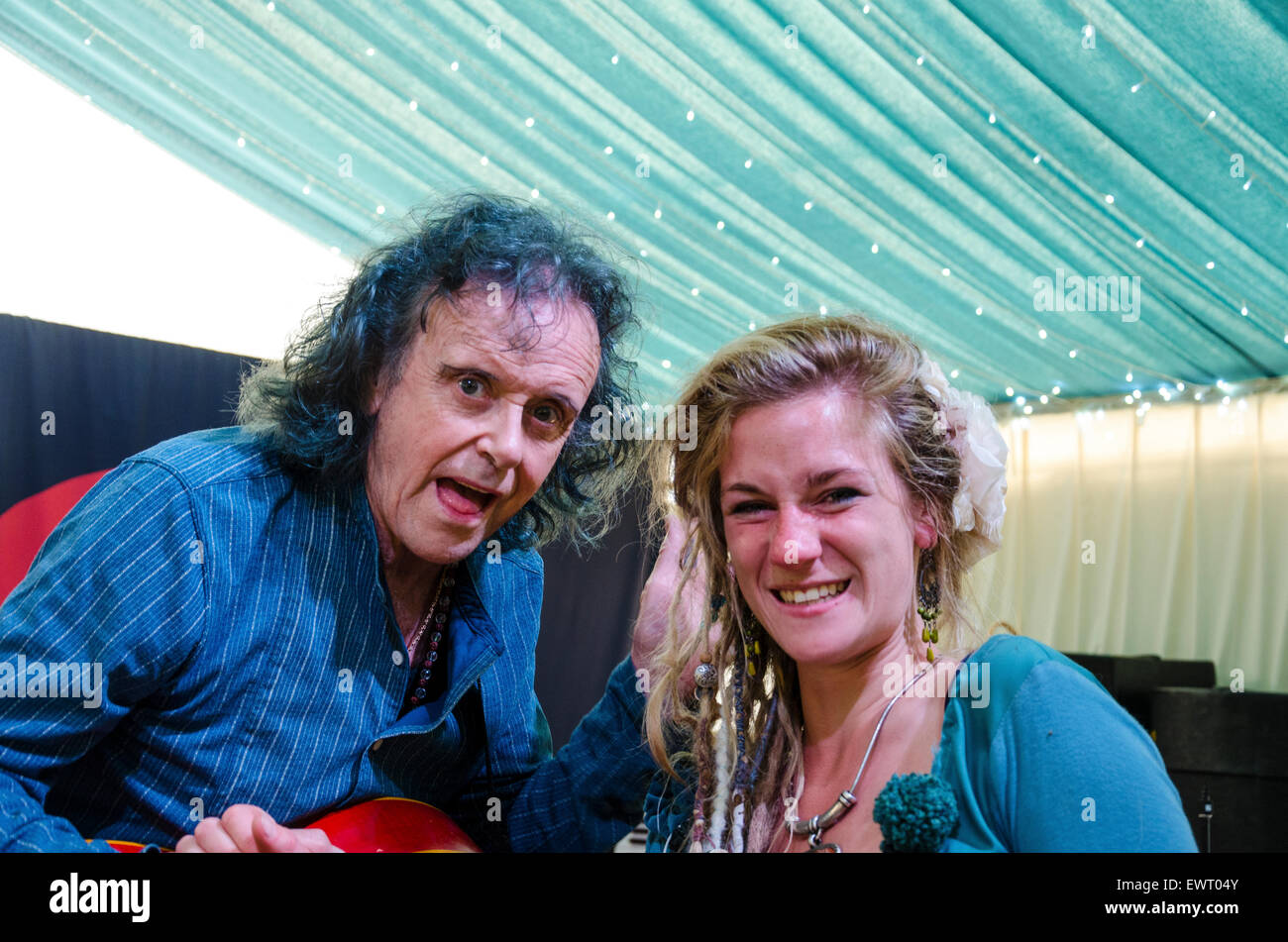 Singer and Guitarist Donovan at Glastonbury Festival 2015 posing with Dulcima Showan of Coco And the Butterfields Stock Photo