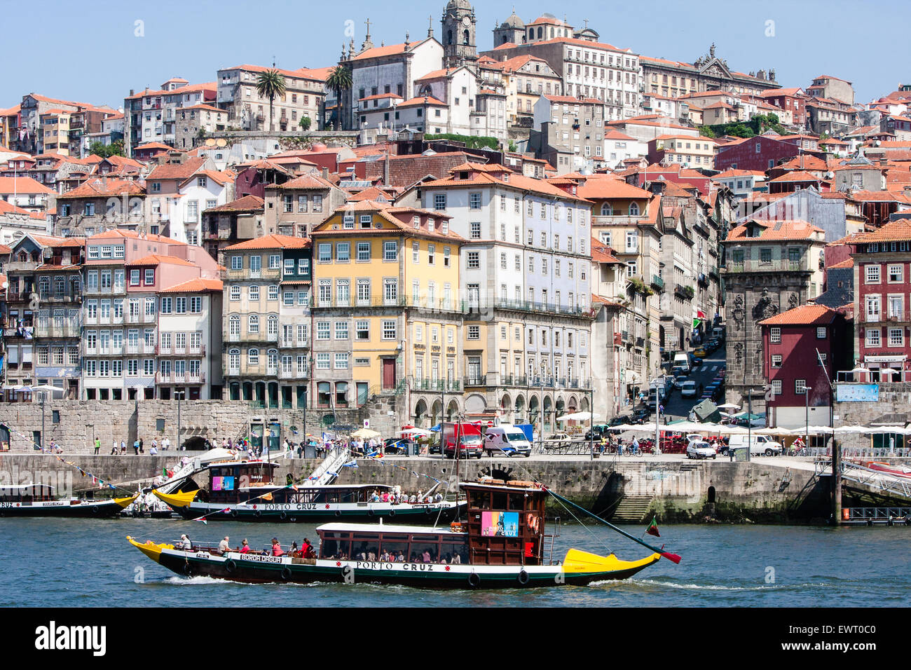 Tourist boat cruising along Douro River with the Ribeira district, the  medieval area on the north bank of Douro River. Porto, also known as  Oporto, is the second largest city in Portugal.