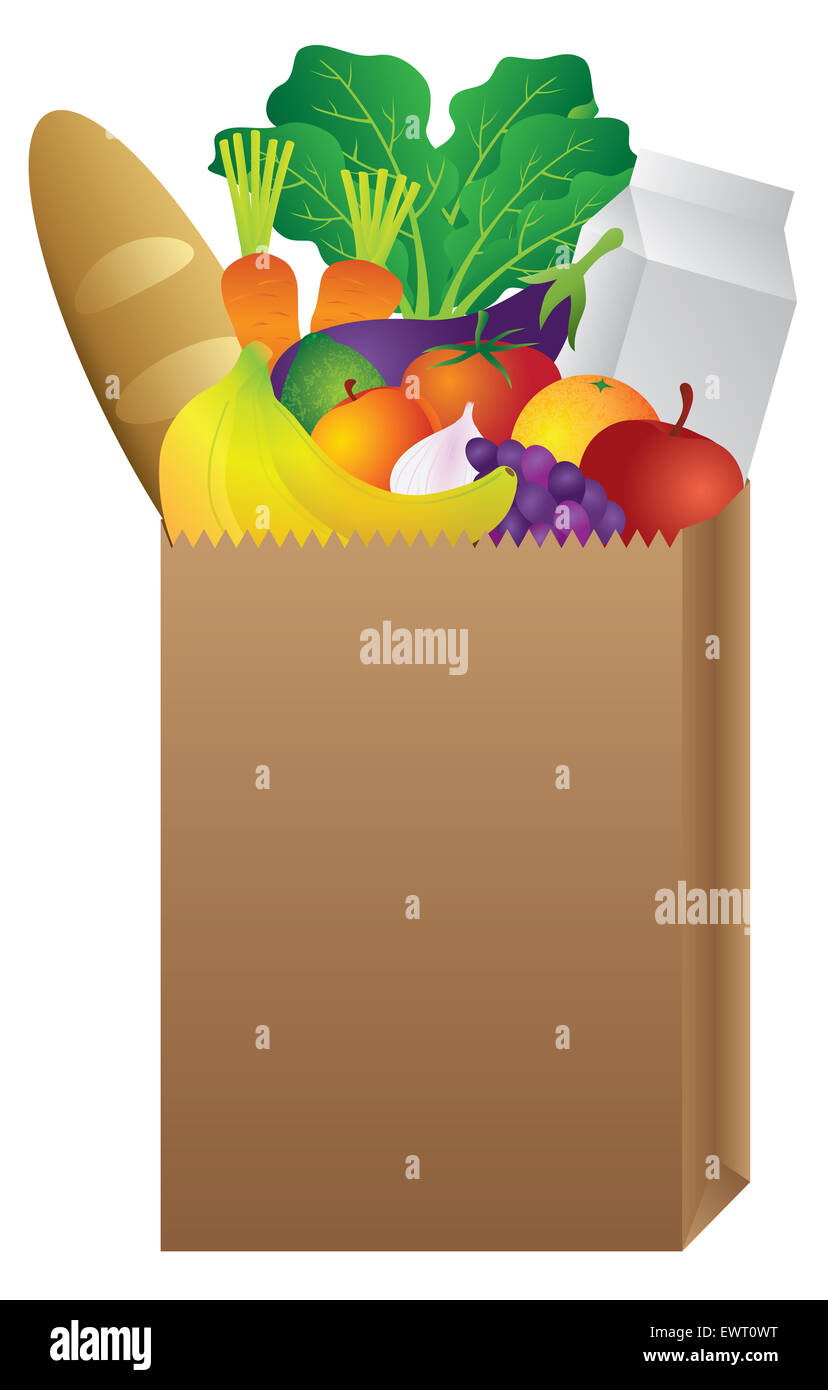Grocery Brown Paper Bag of Food Vegetable Fruits Bread Milk Carton Color Illustration Stock Photo