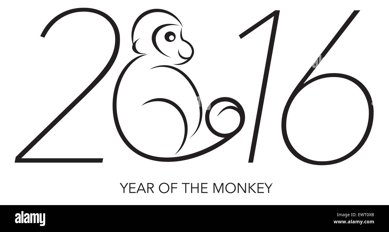 2016 Chines Lunar New Year of the Monkey Black and White Line Art with Text and Year Numerals Illustration Stock Photo