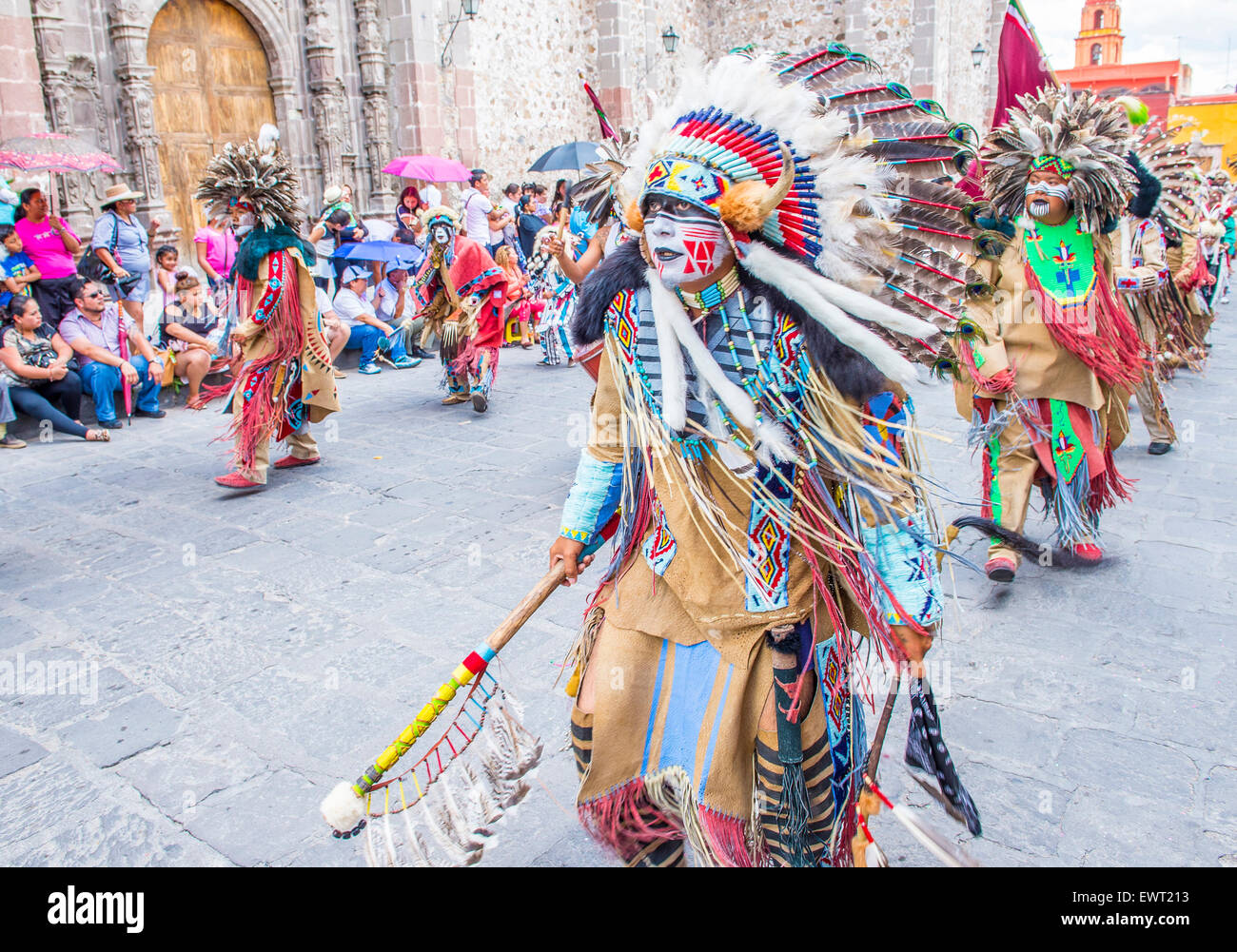 Native Americans with traditional costume participates at the festival of Valle del Maiz in San Miguel de Allende ,Mexico. Stock Photo