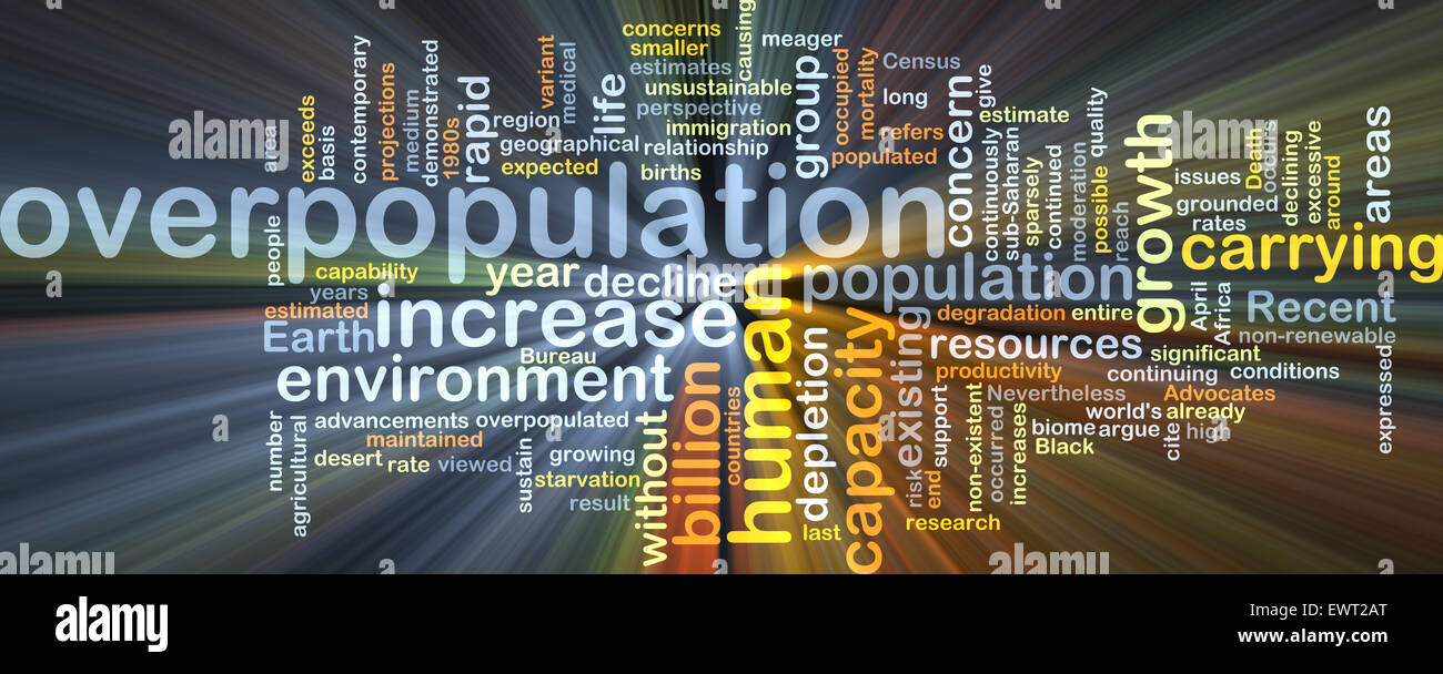 Background concept wordcloud illustration of overpopulation glowing ...