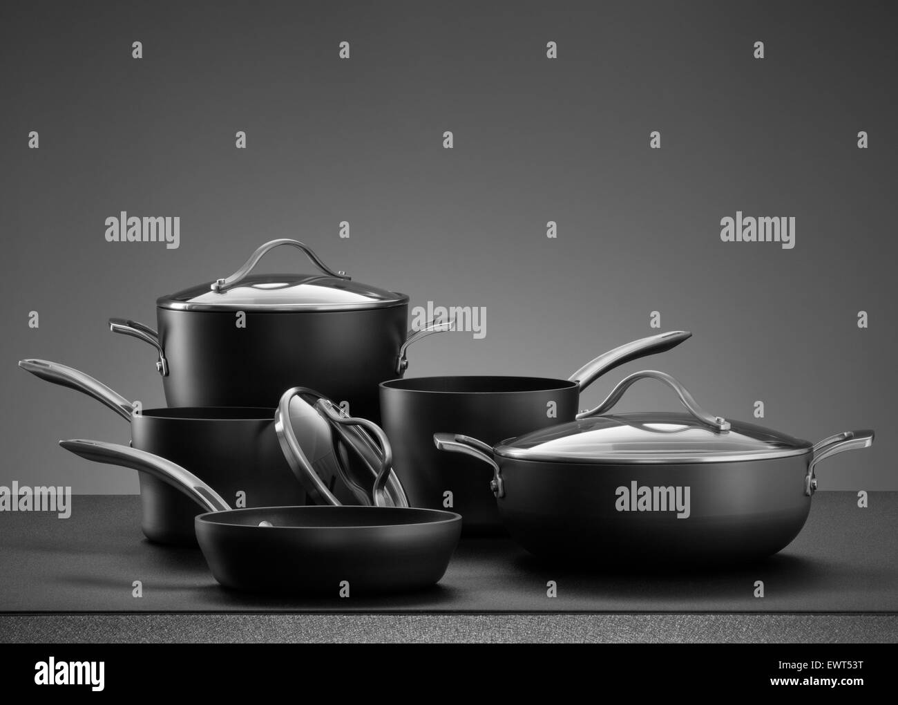 close up view of nice cookware set on grey color back Stock Photo