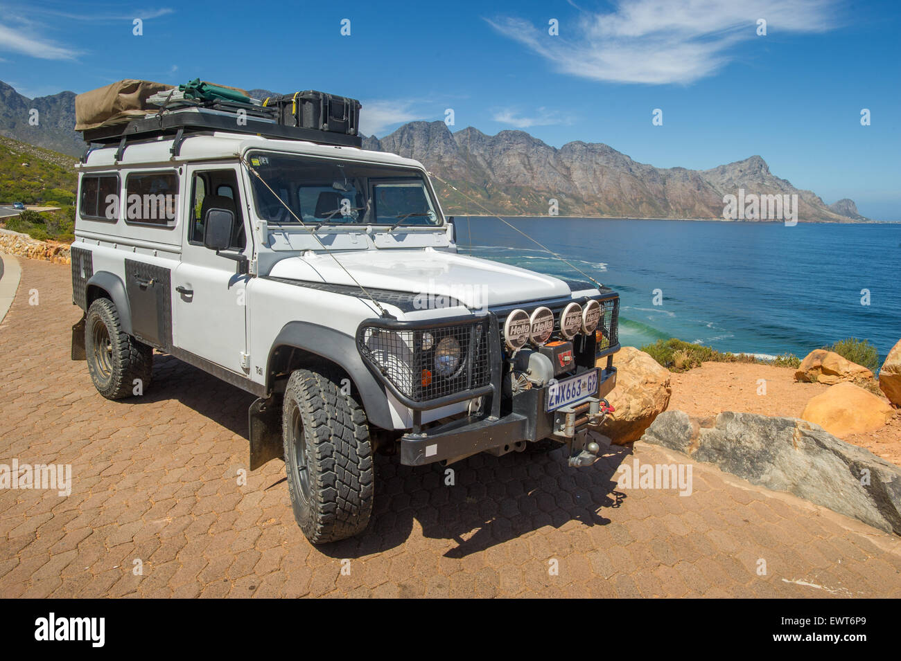 Gordon's Bay, South Africa - Land Rover Defender by the coast Stock Photo