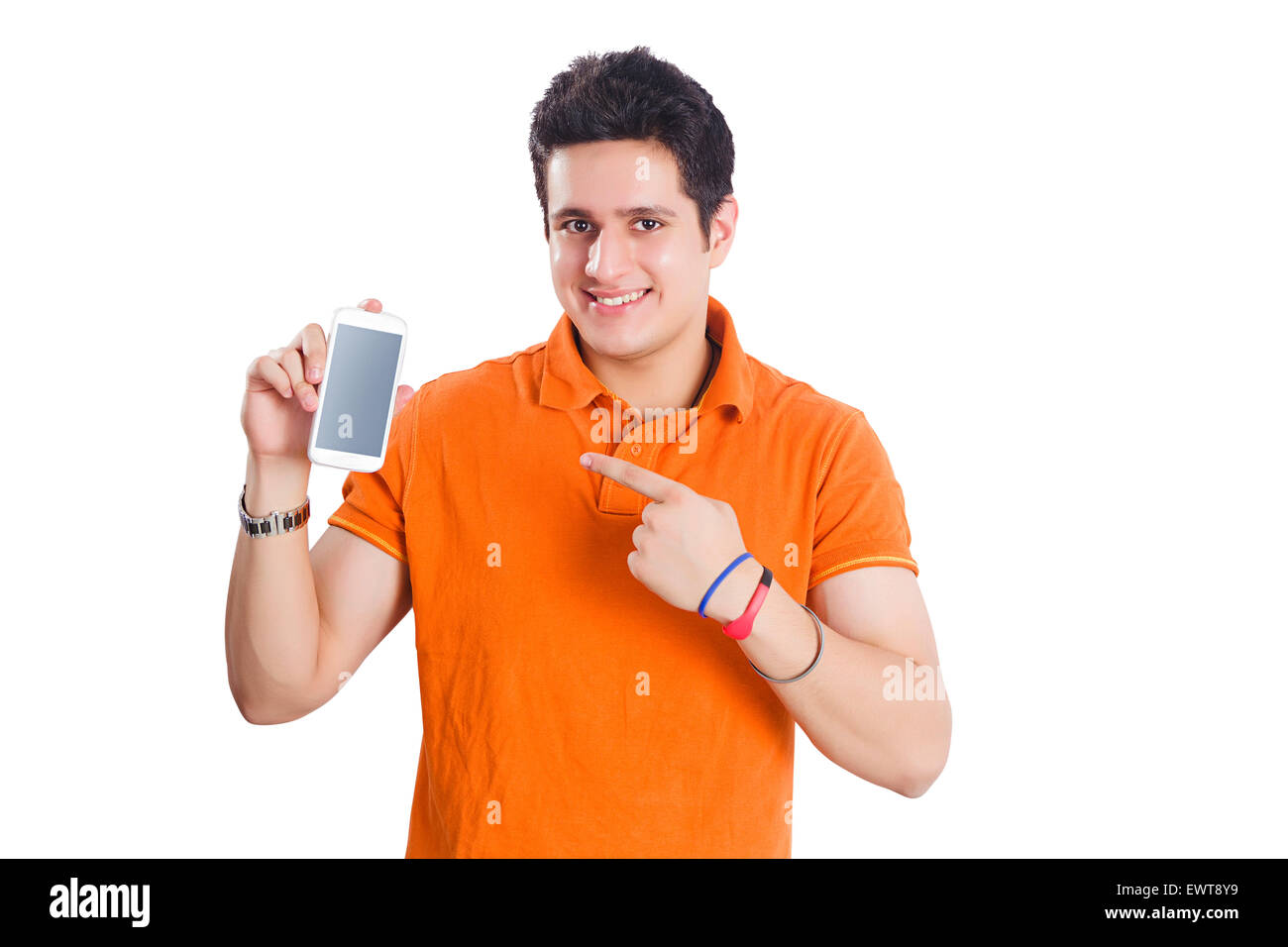 1 indian man showing Cell Phone Quality Stock Photo