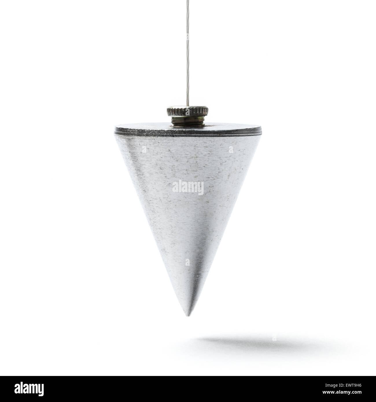 Metal plummet in the form of a cone hanged on a cord. Image is scuare and the object is isolated on white. Stock Photo