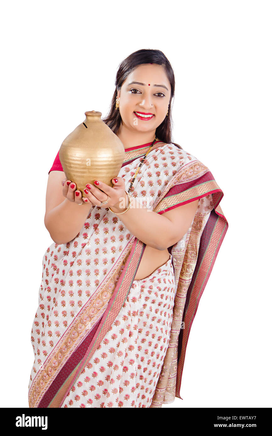 1 indian Woman Saving Money Piggy Bank Stock Photo - Alamy