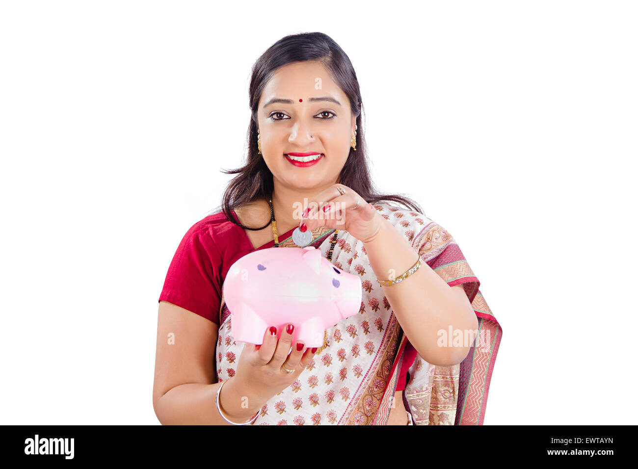 1 indian Woman Saving Money Piggy Bank Stock Photo