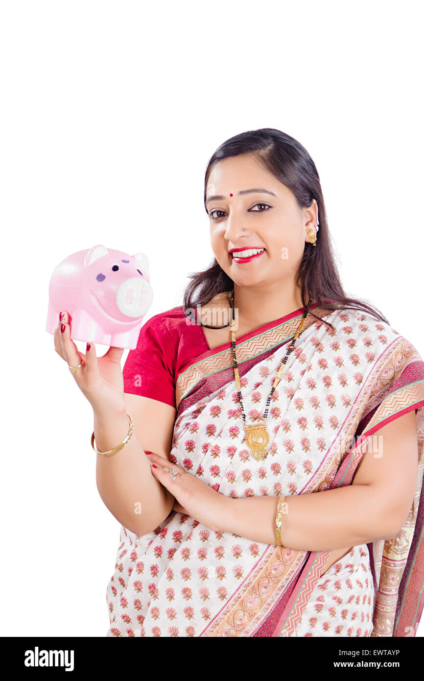 1 indian Woman Saving Money Piggy Bank Stock Photo - Alamy
