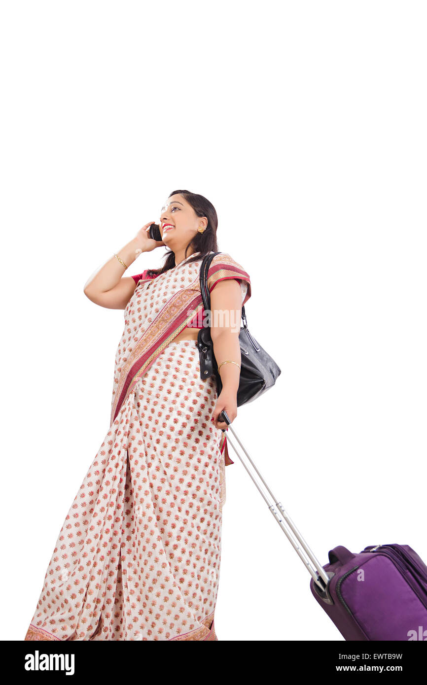 1 indian woman Passenger talking Cell Phone Stock Photo