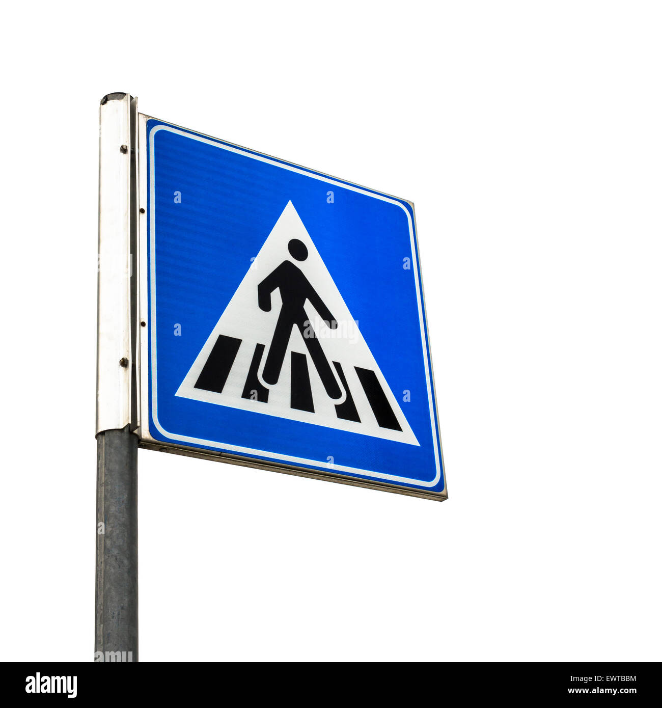 A pedestrian crossing road sign on white background. Stock Photo