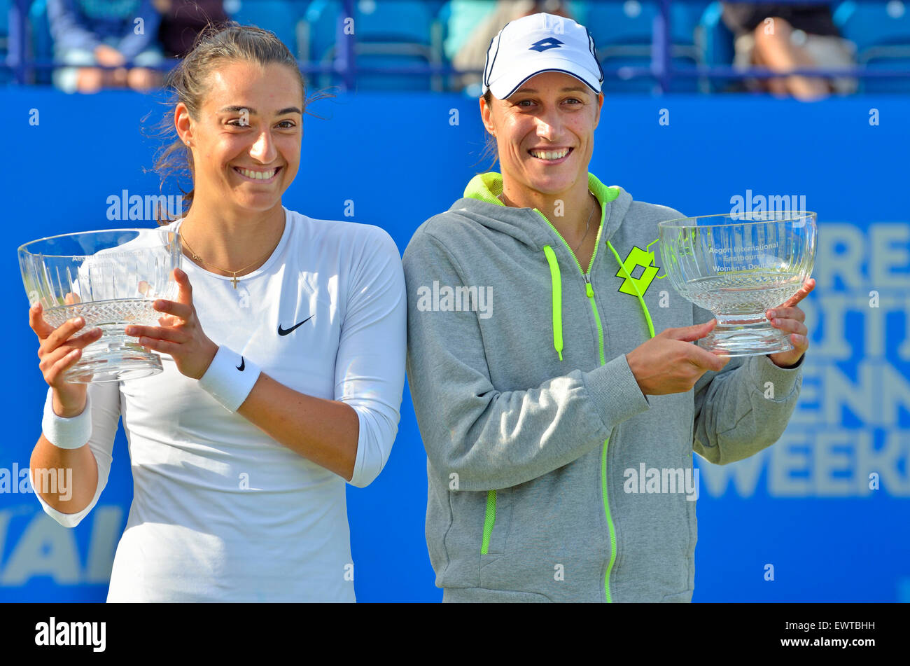 Caroline Garcia (l) and Katarina Srebotnik (r), winners of the Aegon International Doubles trophy at Eastbourne, 2015 Stock Photo