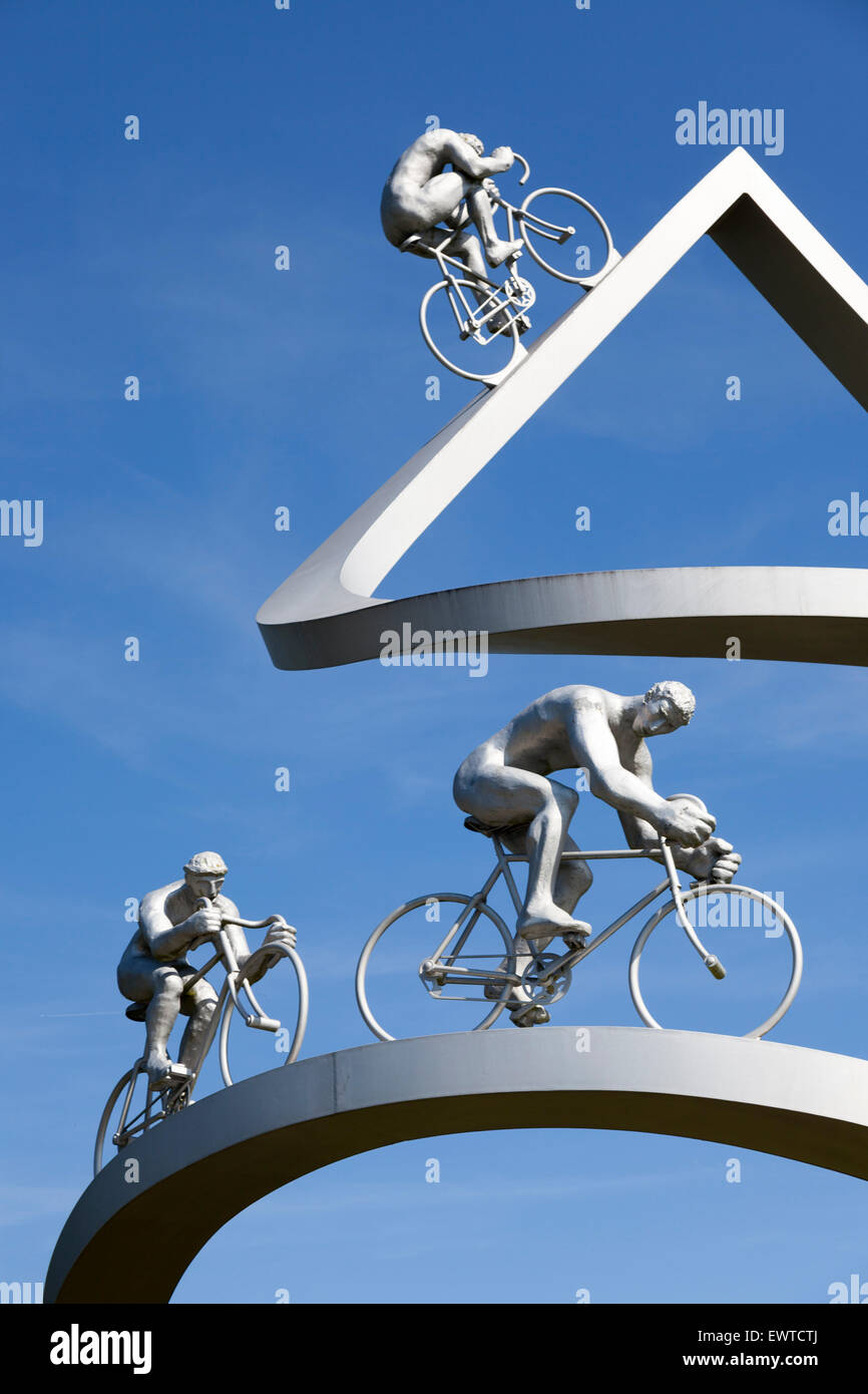 A monument dedicated to the Tour de France, between Pau and Tarbes on the 'of the Pyrenees' rest area of the French A64. Stock Photo
