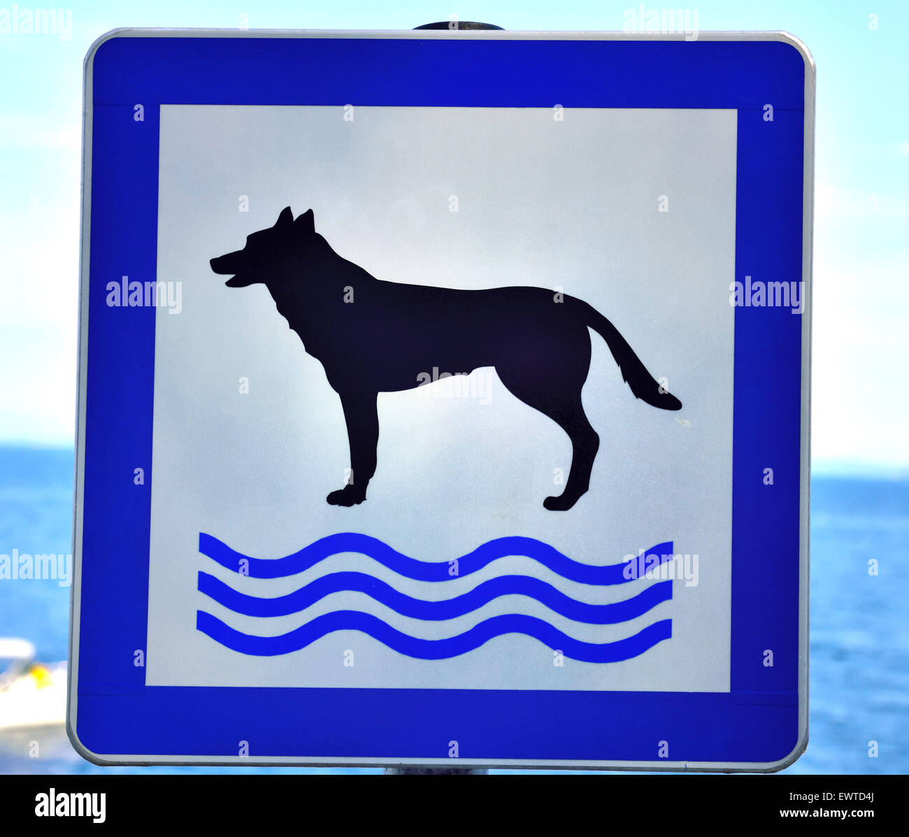 Sign, swimming area for dogs, Moscenicka Draga, Primorje-Gorski Kotar, Kvarner Gulf, Istria, Croatia Stock Photo