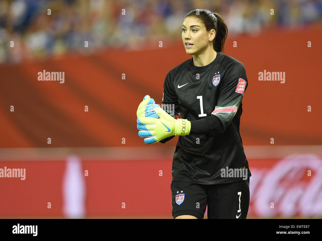 Montreal, Canada. 30th June, 2015. Goalkeeper Hope Solo of USA gestures during the FIFA Women's World Cup 2015 semi final soccer match between USA and Germany at the Olympic Stadium in Montreal, Canada, 30 June 2015. Photo: Carmen Jaspersen/dpa/Alamy Live News Stock Photo