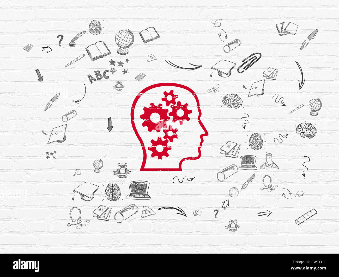 Learning Head Learning concept: Head With Gears on wall background Stock Photo - Alamy