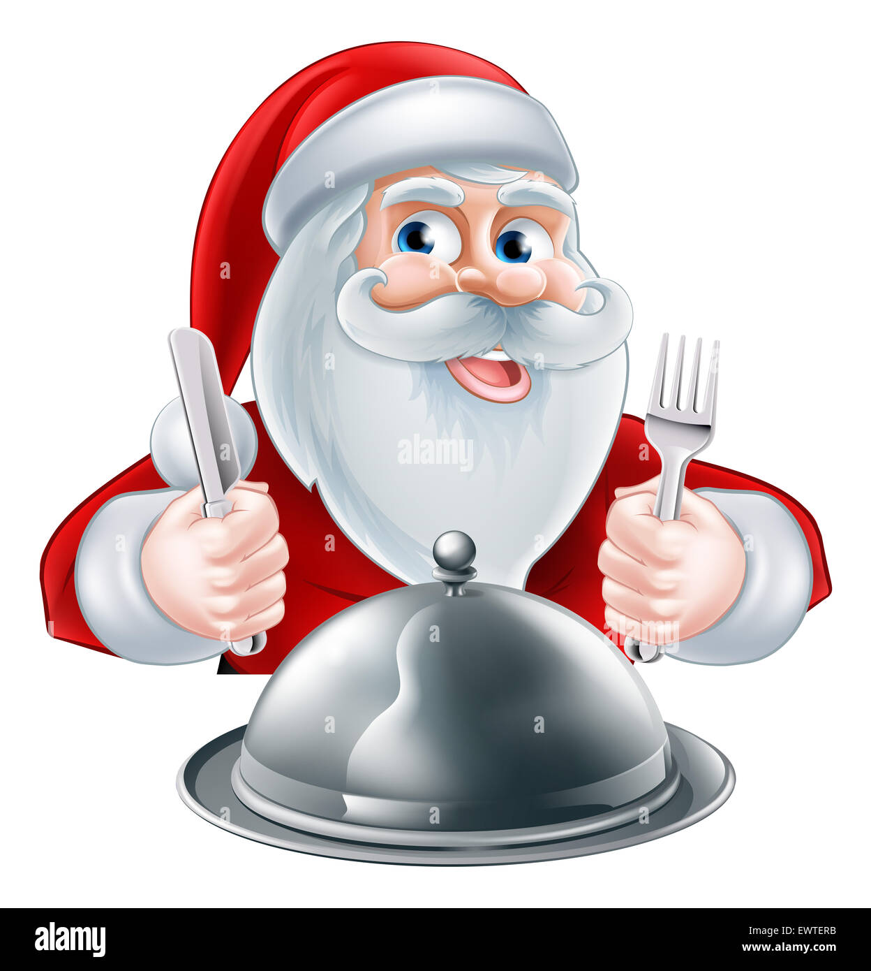 A Christmas cartoon illustration of Santa Claus with knife and fork and silver platter Stock Photo