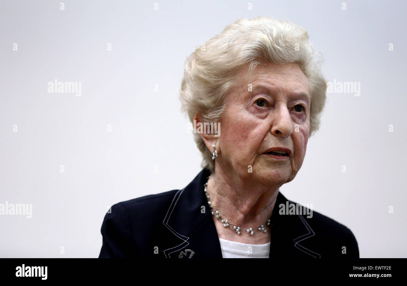 Lueneburg, Germany. 01st July, 2015. Former prisoner of Auschwitz concentration camp and plaintiff Irene Weiss arrives for the trial of a German former SS officer known as the «bookkeeper of Auschwitz» on July 1, 2015 at the courtroom at the 'Ritterakademie' venue in Lueneburg, northern Germany. German national Oskar Groening, 94, stands accused of 300,000 counts of 'accessory to murder' in the cases of deported Hungarian Jews sent to the gas chambers between May and July 1944. Photo: RONNY HARTMANN/dpa/Alamy Live News Stock Photo
