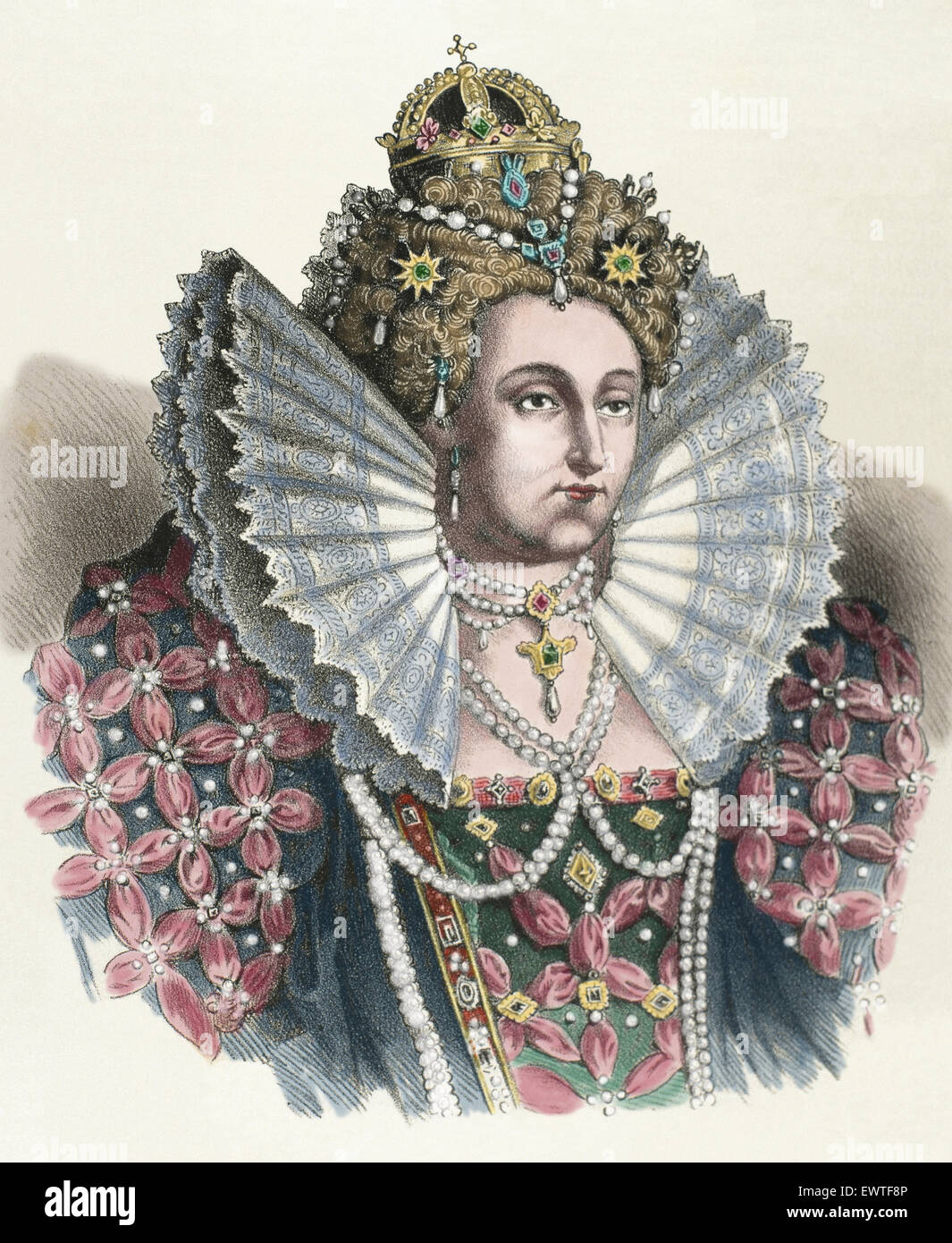 Elizabeth I of England (1533-1603). Queen of England and Ireland. The Virgin Queen. Portrait. Engraving. 19th century. Historia de Espana. Colored. Stock Photo