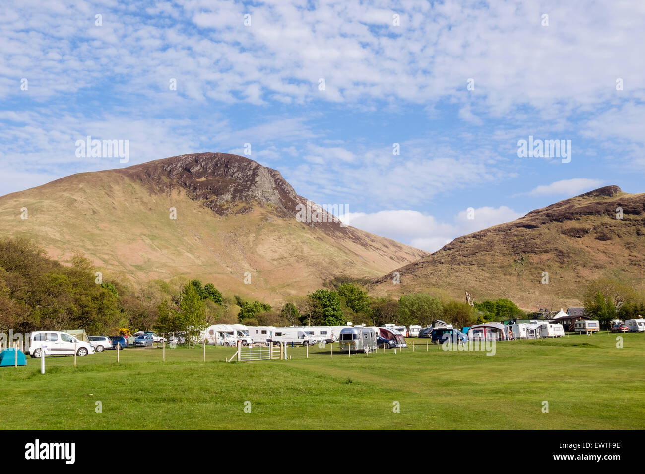 Lochranza campsite by the golf course with hills behind on Isle of Arran, North Ayrshire, Strathclyde, Scotland, UK, Britain Stock Photo