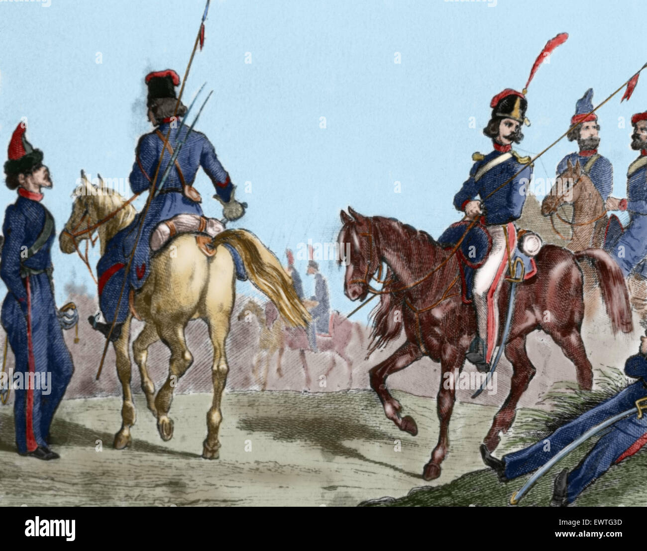 Russian militaries. Cossacks. Engraving. 18th century. Colored. Stock Photo