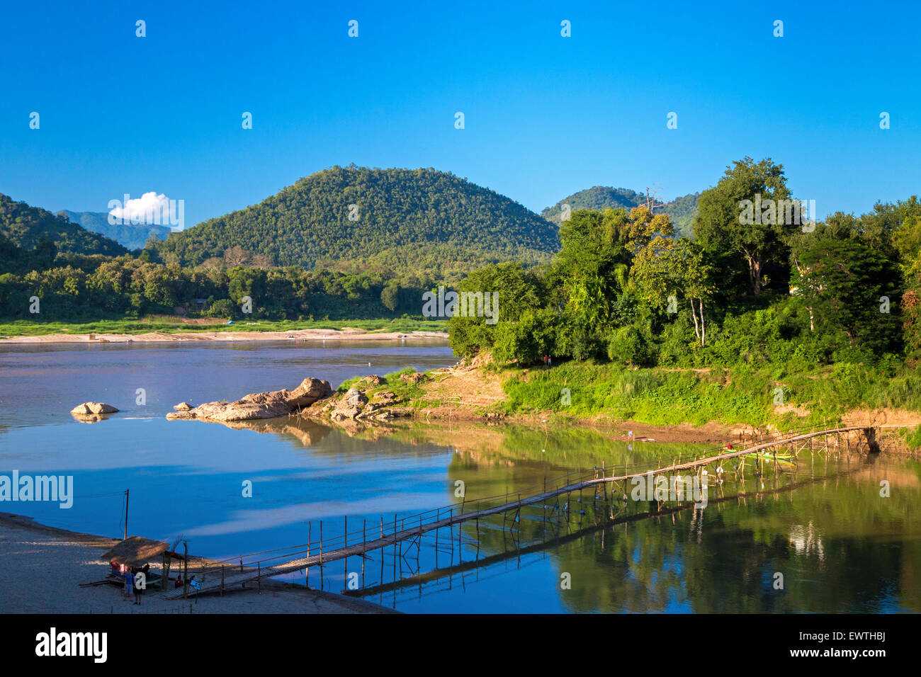 Bamboo bridge across Nam Khan river, Luang Prabang, Laos Stock Photo