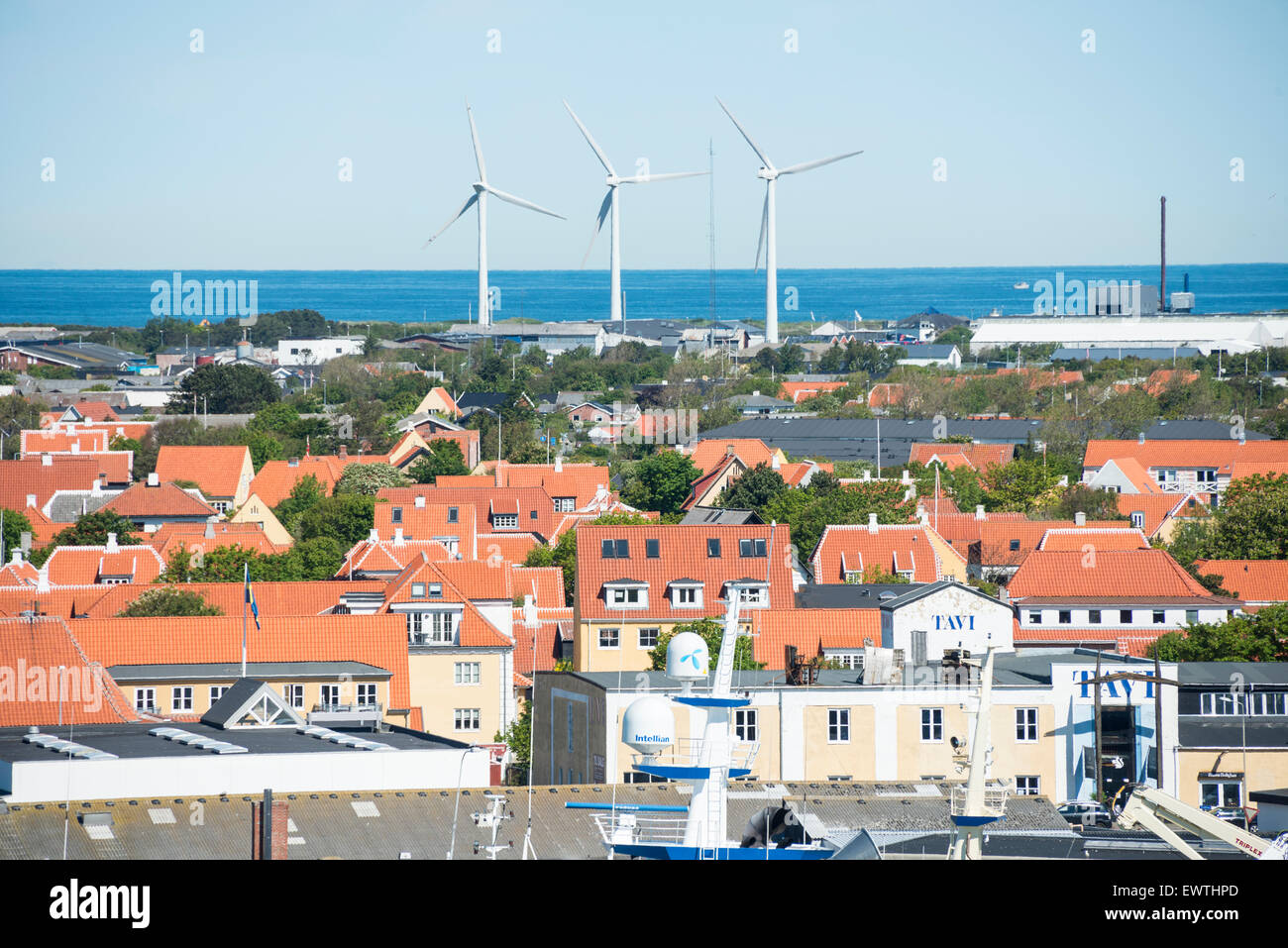View of town and harbour, Skagen, North Jutland Region, Denmark Stock Photo