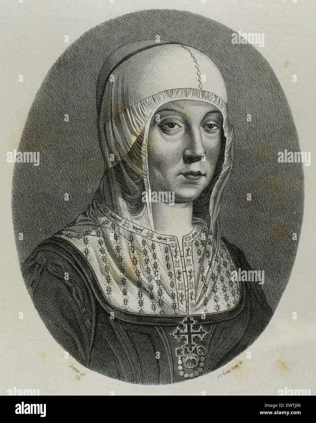 Isabella I of Castile (1451-1504). Queen of Castile. Engraving in Spain Illustrated History, 19th century. Stock Photo