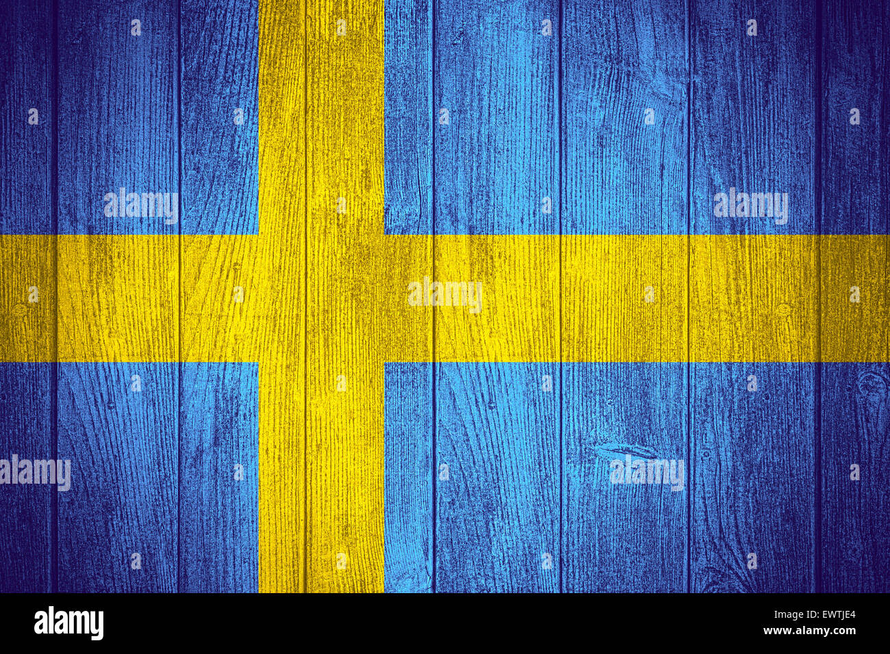 Sweden flag or Swedish banner on wooden boards background Stock Photo