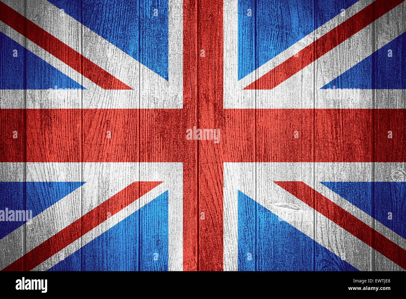 United Kingdom flag or British banner on wooden boards background, Great Britain Stock Photo