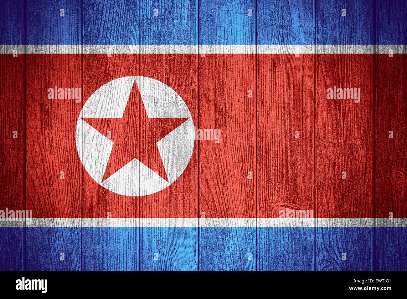 North Korea flag or North Korean banner on wooden boards background Stock Photo