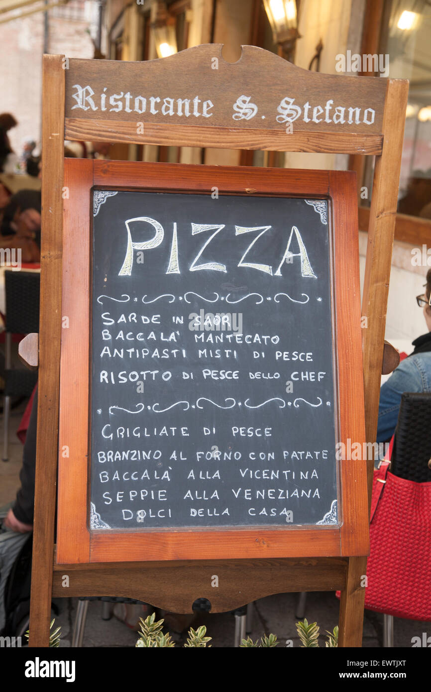 Pizza Food Menu in Street Stefano Restaurant Terrace, Venice; Italy