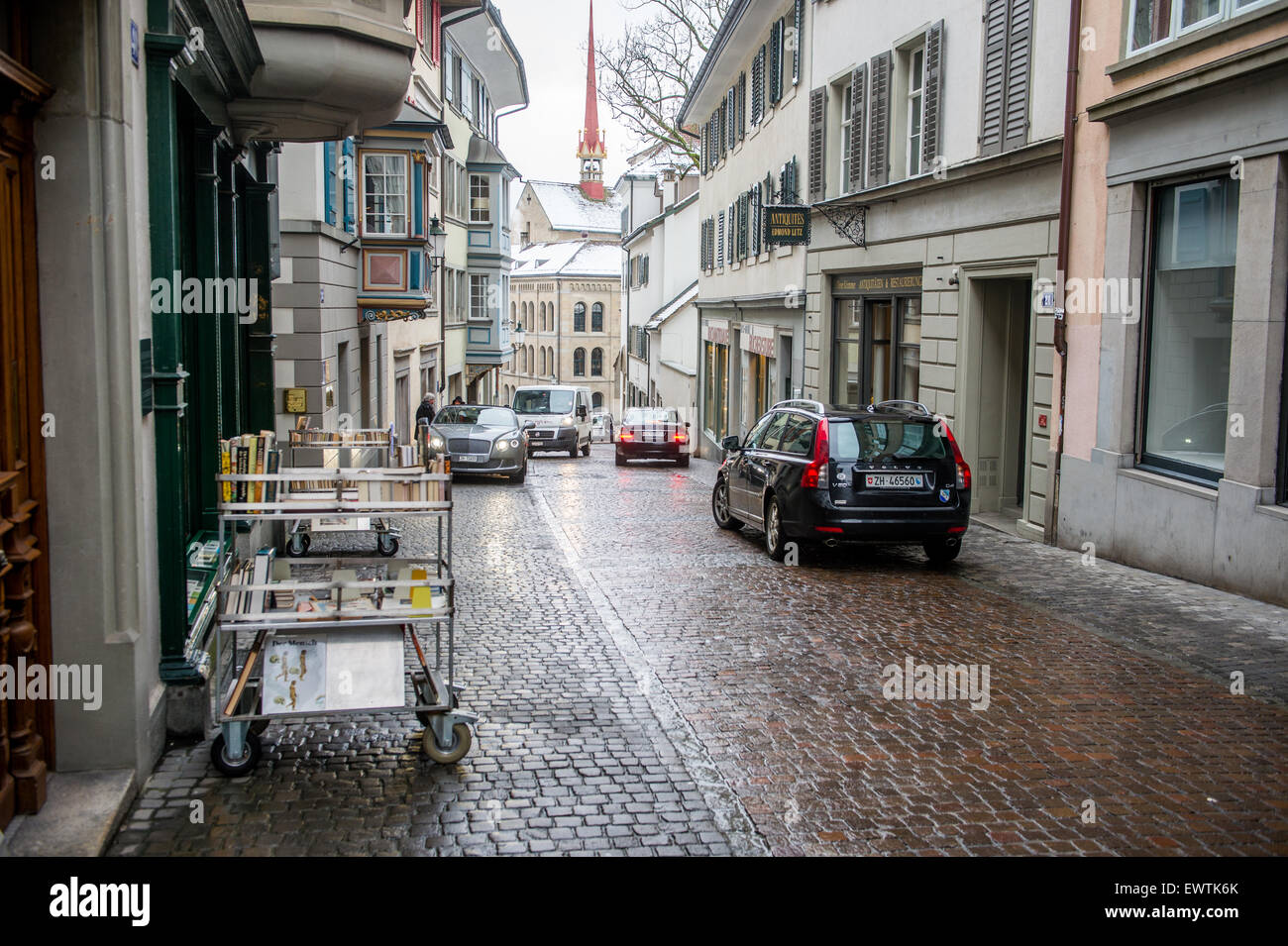 Shops along a cobblestone street in Zurich Switzerland, Europe Stock Photo