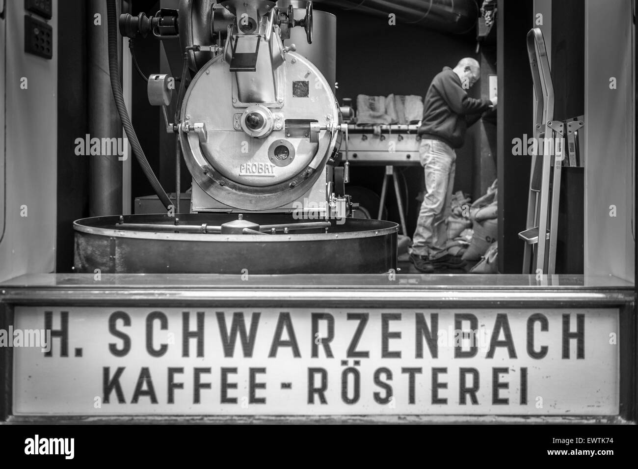 Black and White of coffee roasting in Zurich Switzerland, Europe Stock Photo