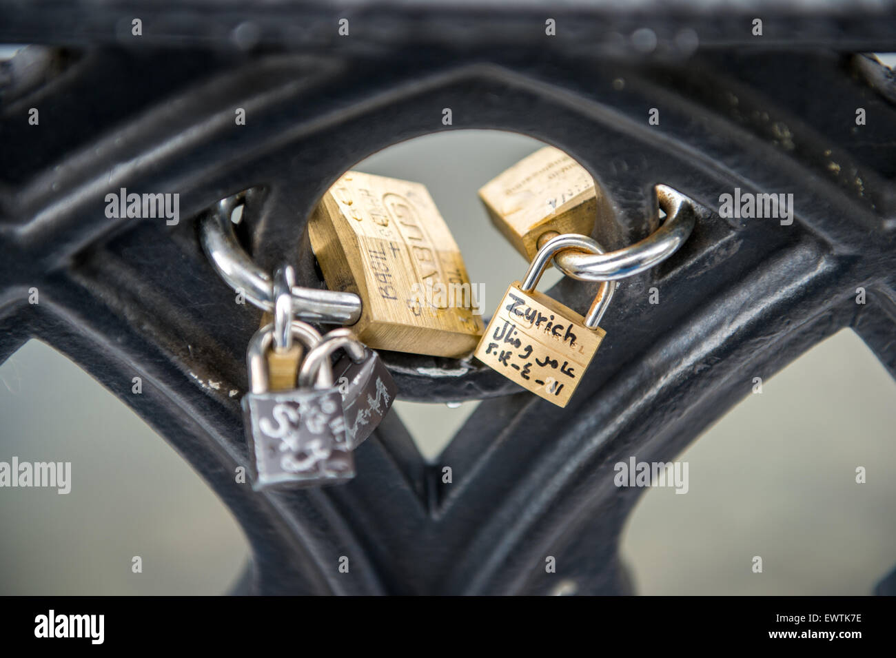 Close-up of love locks on bridge in Zurich Switzerland, Europe Stock Photo