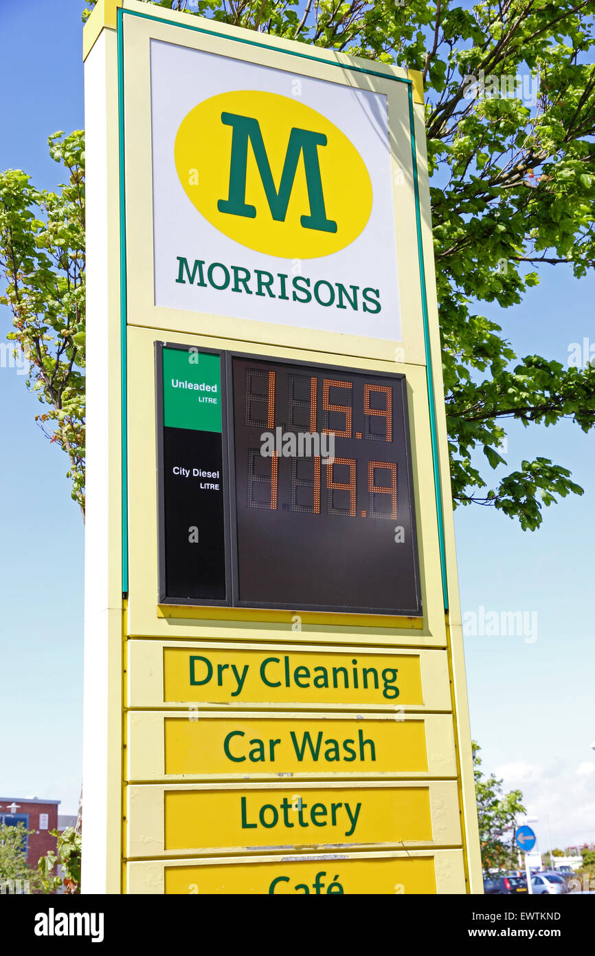Price board at petrol station at Morrisons supermarket, Southport Stock