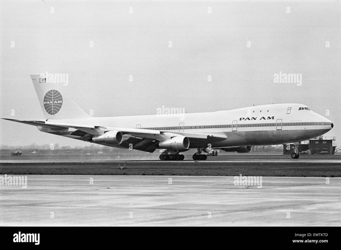The arrival of the first Boeing 747 'Jumbo Jet' at Heathrow Airport. The aircraft had been delayed for three hours in New York where one of the fan jet engines had been giving trouble and had to be replaced. The aircraft carried over 300 employees of the Stock Photo