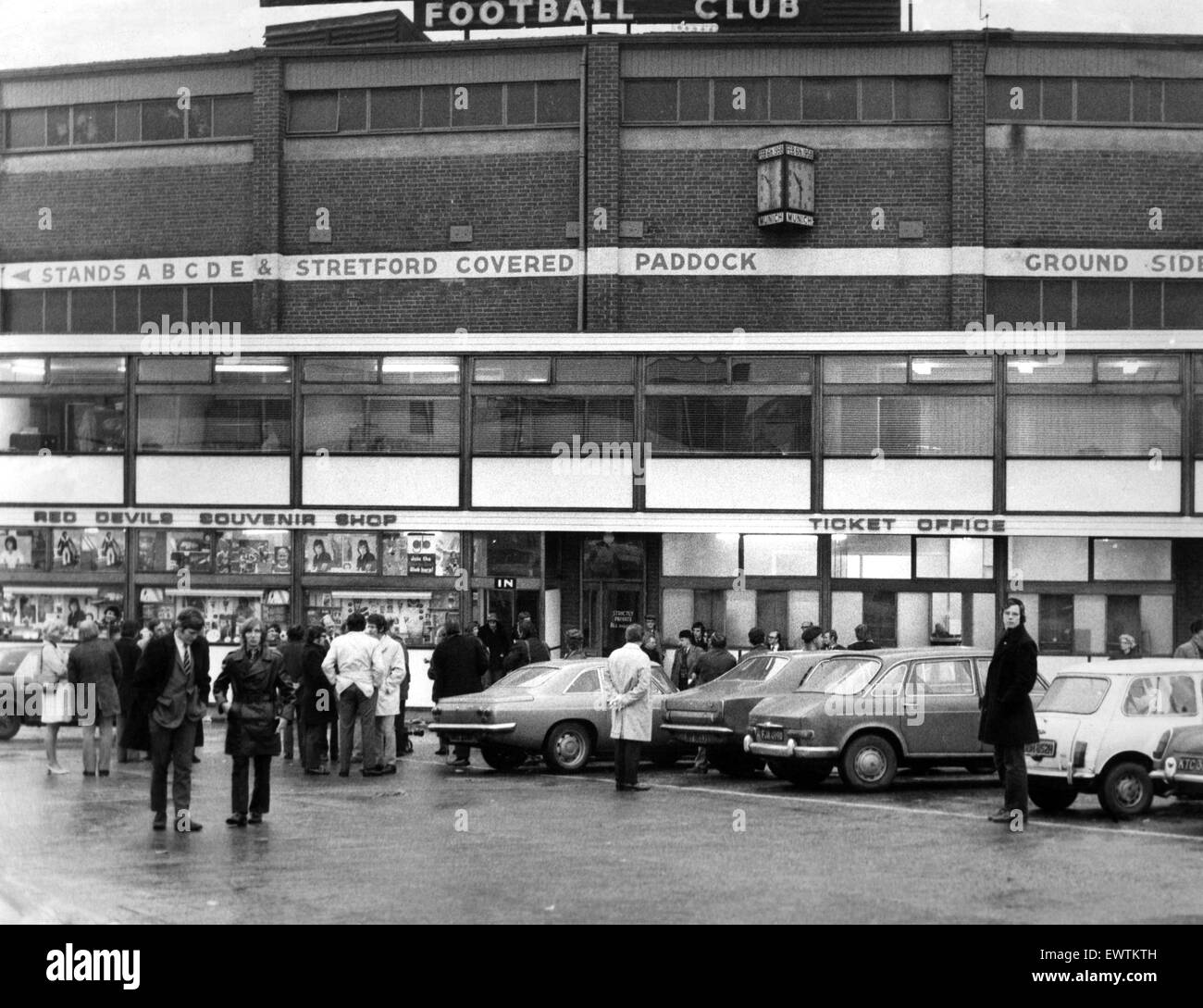 Exterior of Old Trafford football stadium, home to Manchester United Football Club. 10th January 1972. Stock Photo
