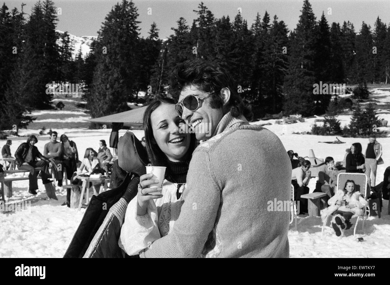 Formula One motor racing driver Francois Cevert enjoys some time off with a girl friend at a ski resort in Villars Sur Ollan near Montreux, Switzerland. March 1973. Stock Photo