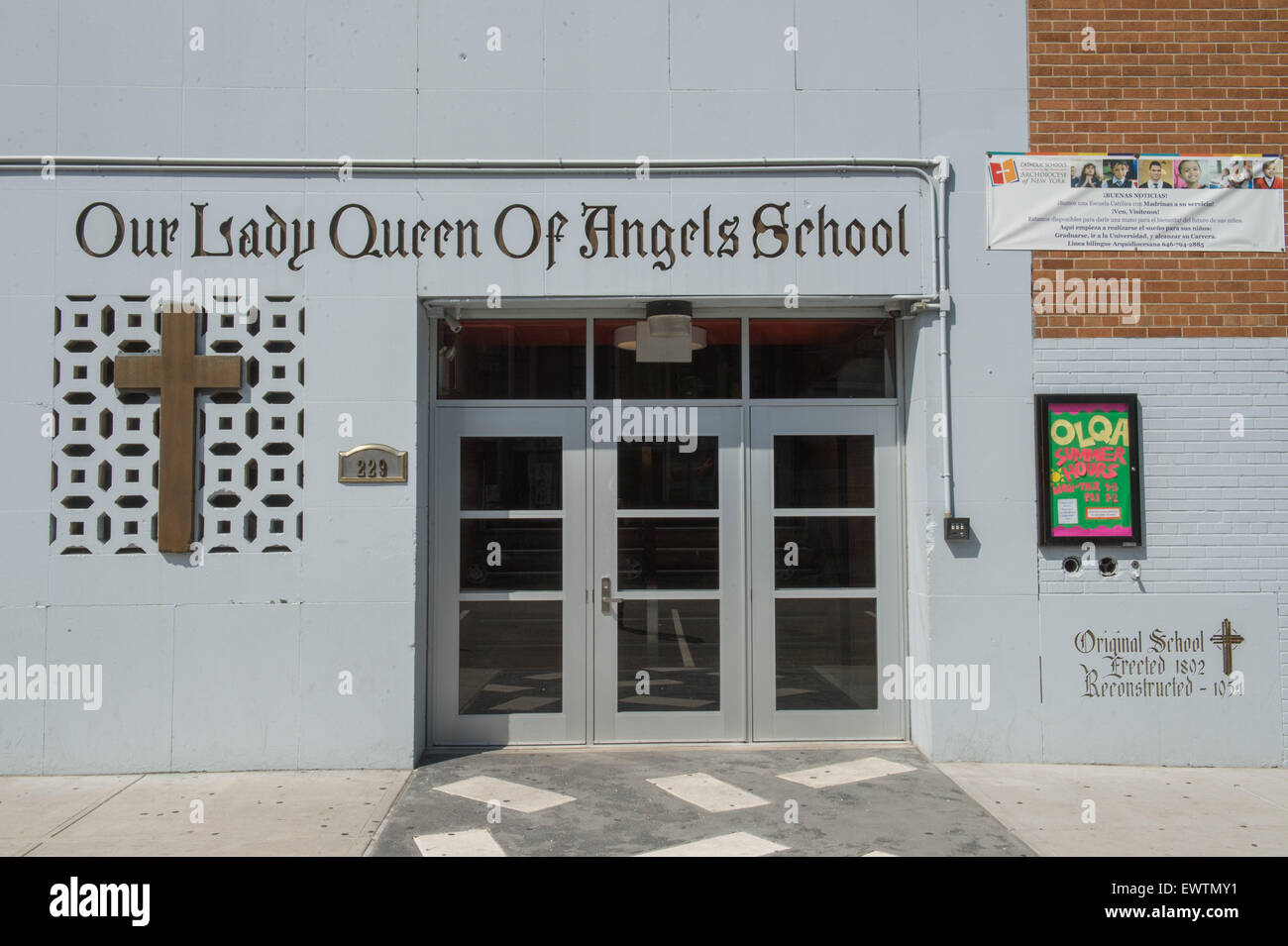 New York, New York, USA. 30th June, 2015. Our Lady Queen of Angels parochial school in East Harlem, which Pope Francis is scheduled to visit while in September while New York. This school on East 112th Street, which has students in prekindergarten through eighth grade, is an example of excellence in providing schooling for inner-city students, according to a spokesman for the Archdiocese of New York. The church and school have a checkered past because of financial struggles; at one point beginning in the first decade of this century, the church was closed for more than two years. The communit Stock Photo