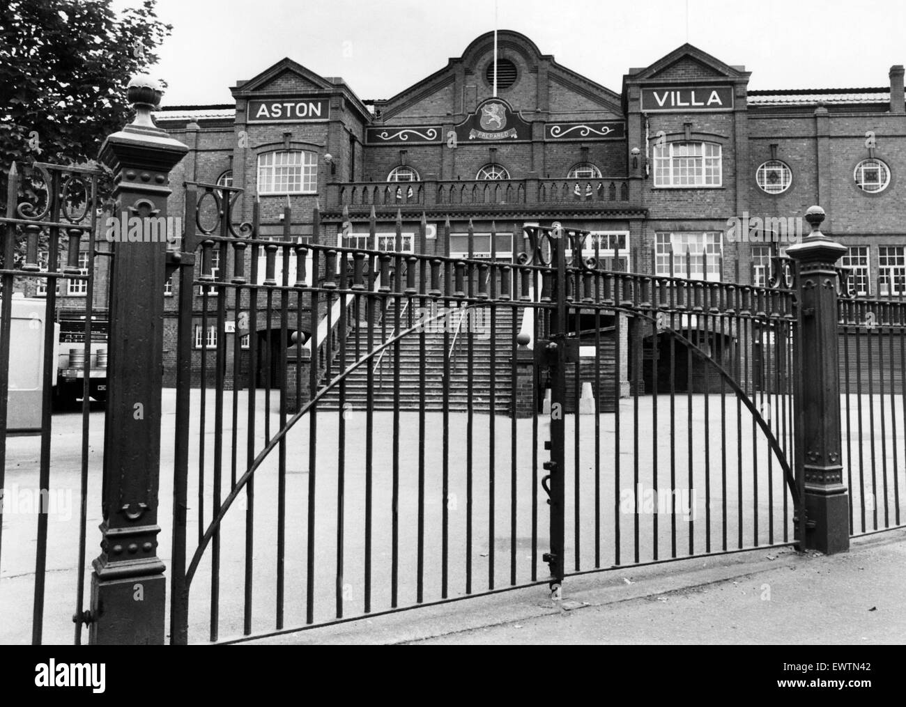 Exterior view of the gates of Villa Park football stadium, home to Aston Villa Football Club, Birmingham, West Midlands. 19th September 1979. Stock Photo